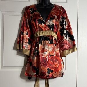 Vintage Allison Taylor Kimono Sleeve Top Women M Red Floral Faux Wrap Babydoll
